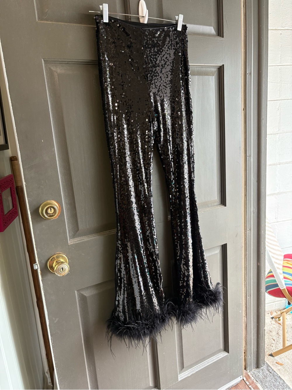 Source Unknown Black Sequin Flare Pants with Feather Trim